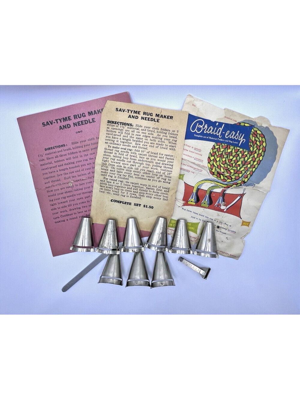 Vintage Braid-Easy Rug Braiding Tool Lot 9 Folders Lacer Sav-Tyme Inst Hem Clip